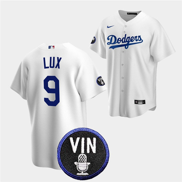 Men's Los Angeles Dodgers #9 Gavin Lux 2022 White Vin Scully Patch Cool Base Stitched Baseball Jersey